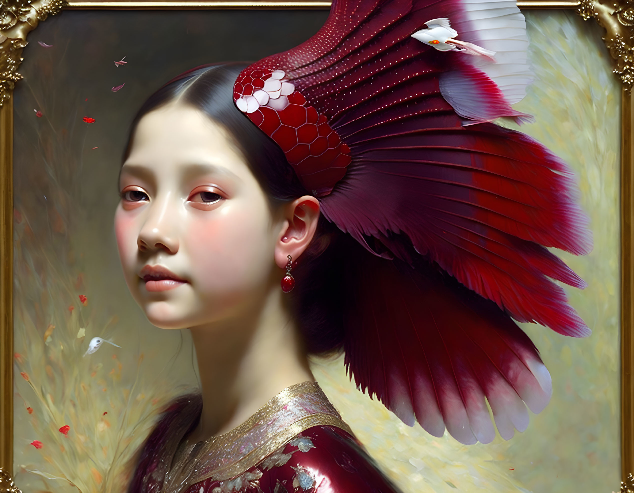 Surreal portrait of girl with wing-like structure and bird feather pattern.