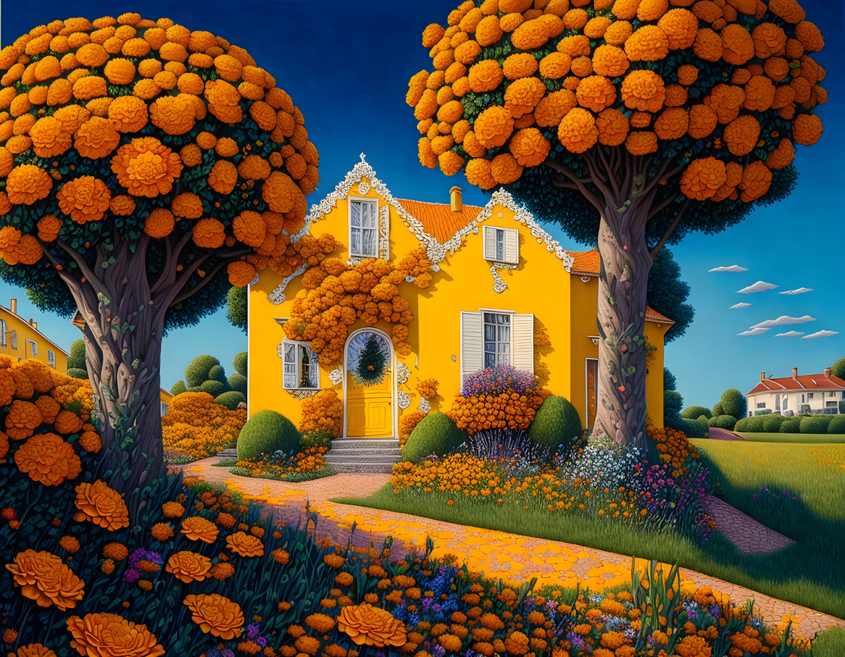 Colorful Illustration of Quaint Yellow House with Red Roof & Lush Orange Trees