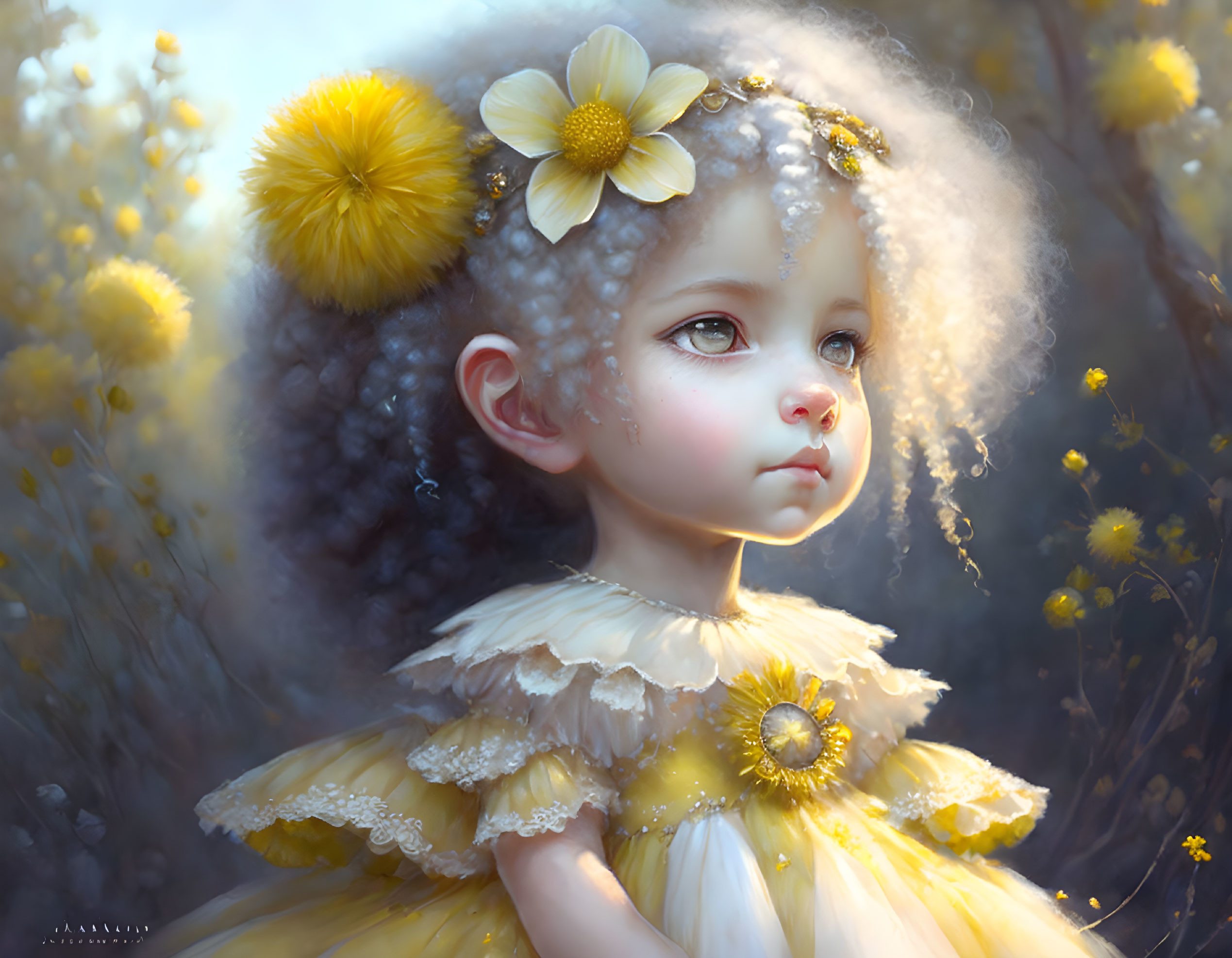 Young girl with curly hair and yellow flowers in dreamy yellow field