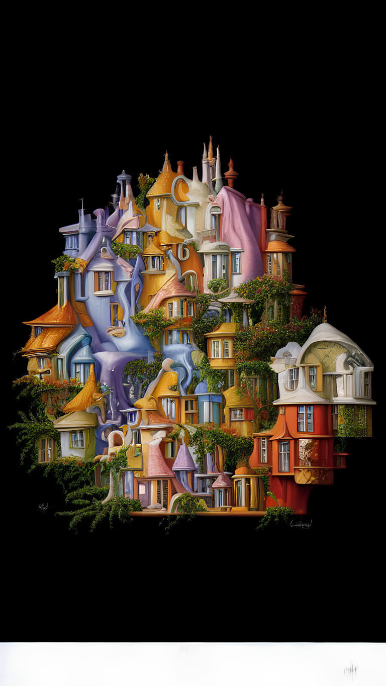 Colorful Surreal Houses Painting with Fluid Shapes and Architectural Features