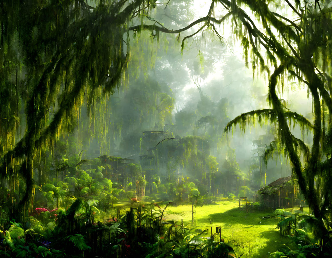 Mystical green forest with sun rays, small huts, and hanging moss