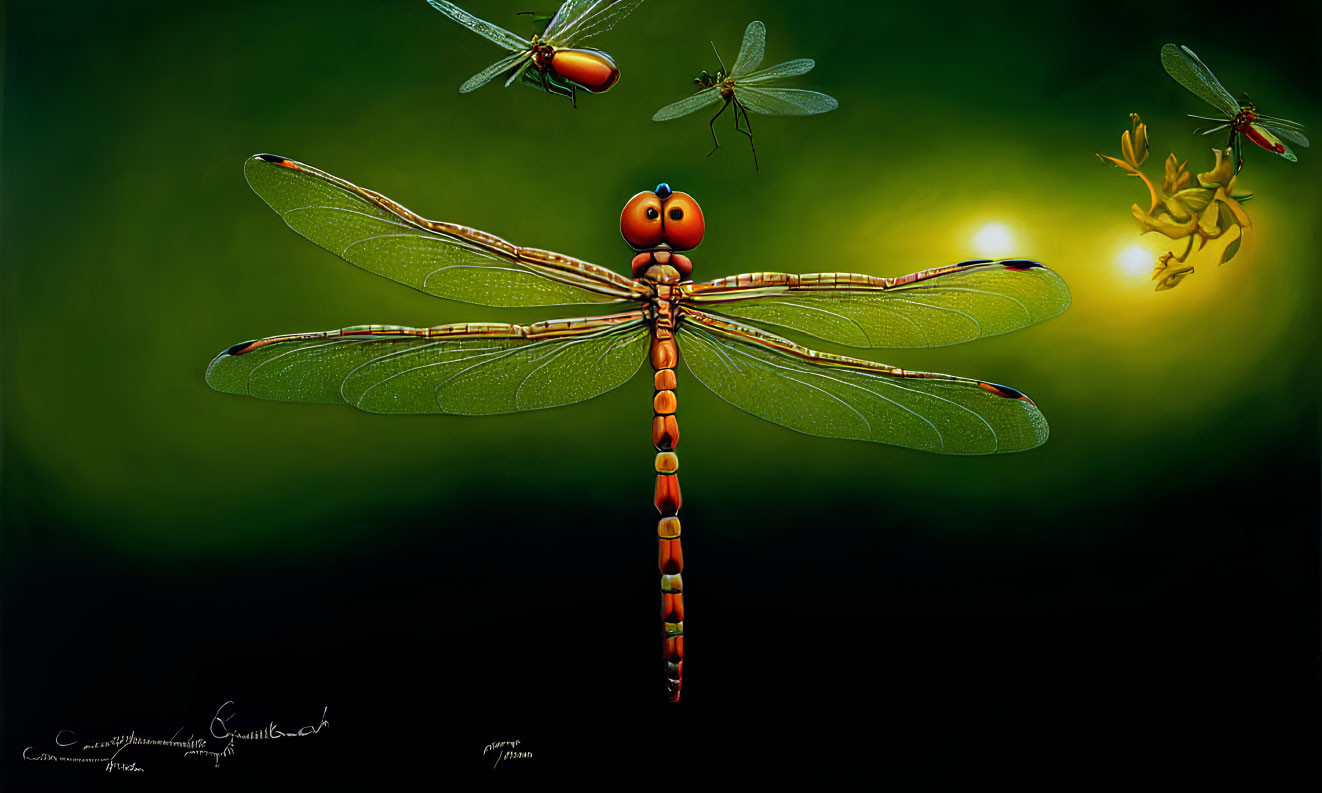 Detailed Dragonfly Illustration Surrounded by Insects on Dark Green Background