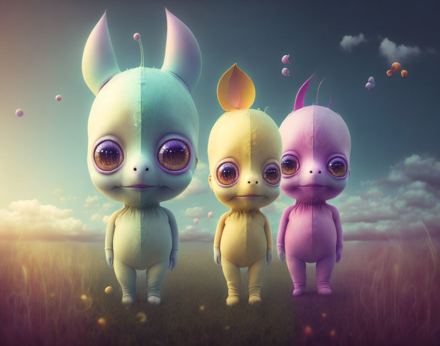 Three Cartoonish Creatures in Pastel-Colored Field