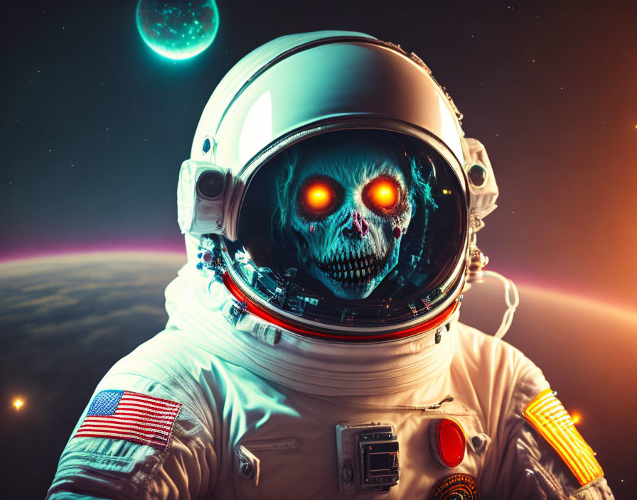 Skull-faced astronaut with red eyes in space with Earth and green planet.