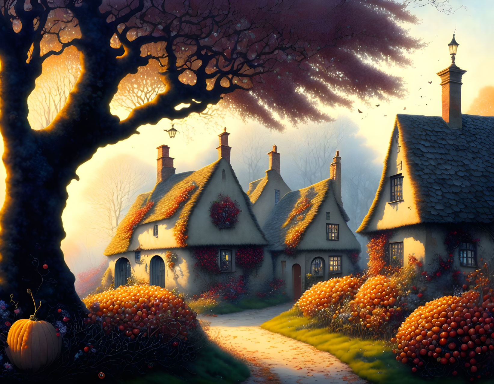 Tranquil autumn scene with charming thatched-roof cottages