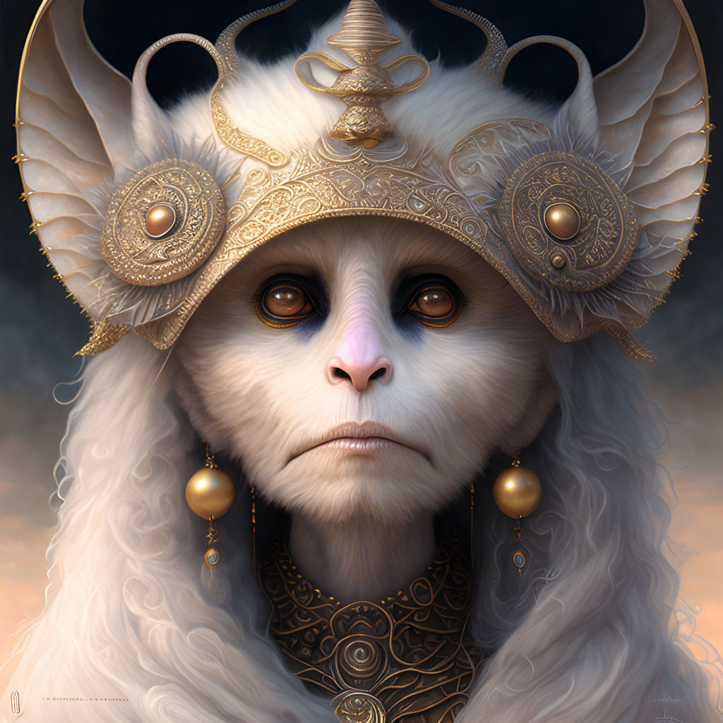 Mythical creature illustration with regal golden headdress and intense eyes