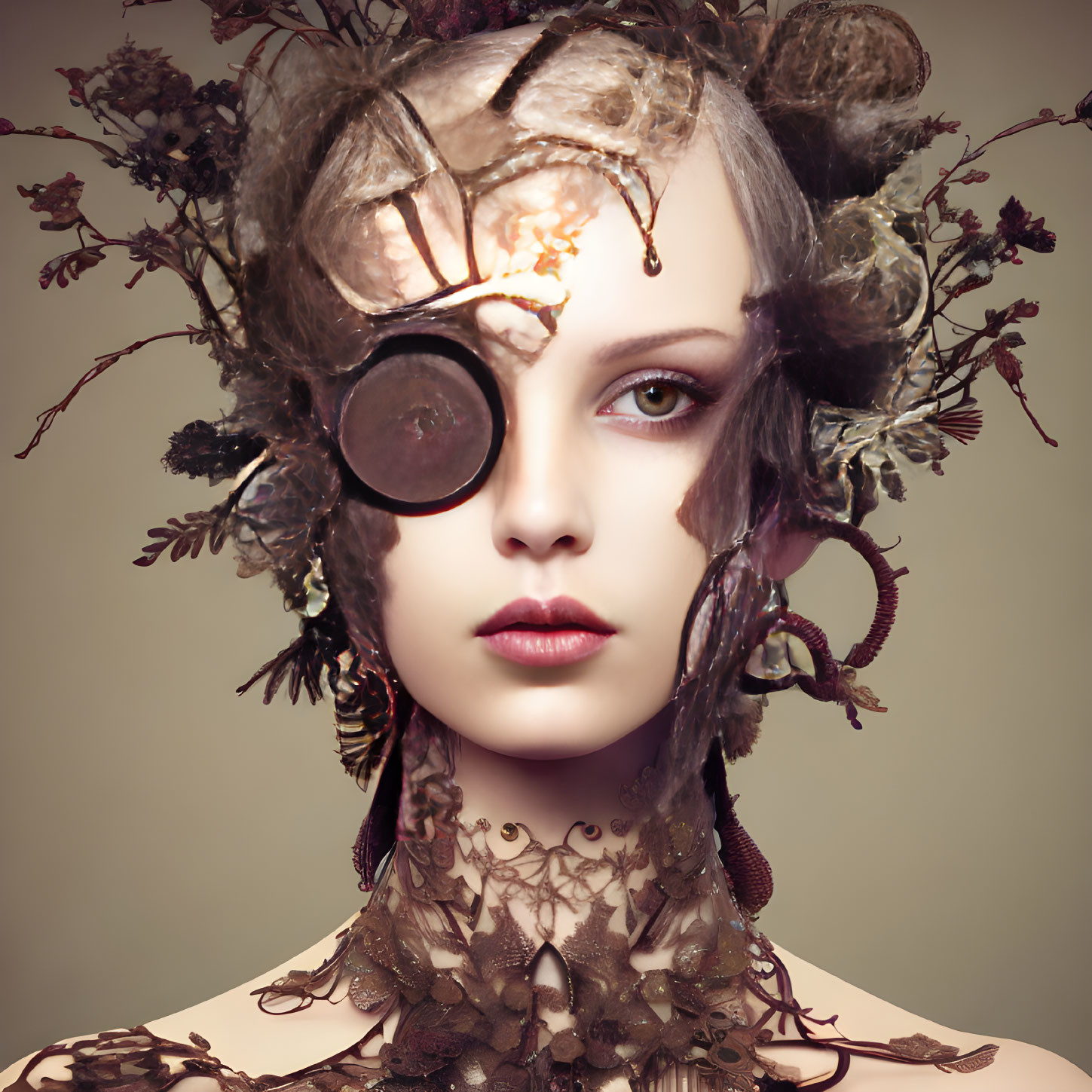 Surreal portrait of woman with ornate headpiece and monocular attachment.