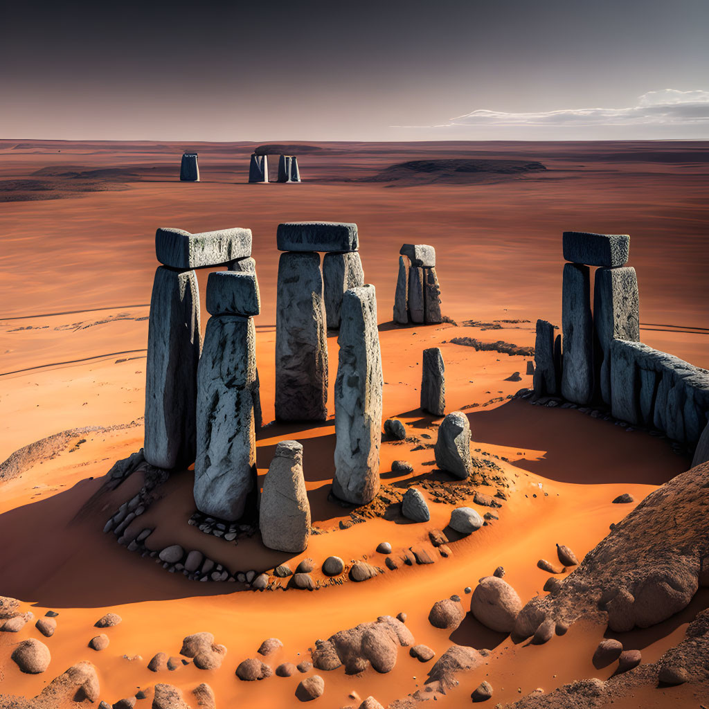 Ancient stone structure in desert landscape with blue sky