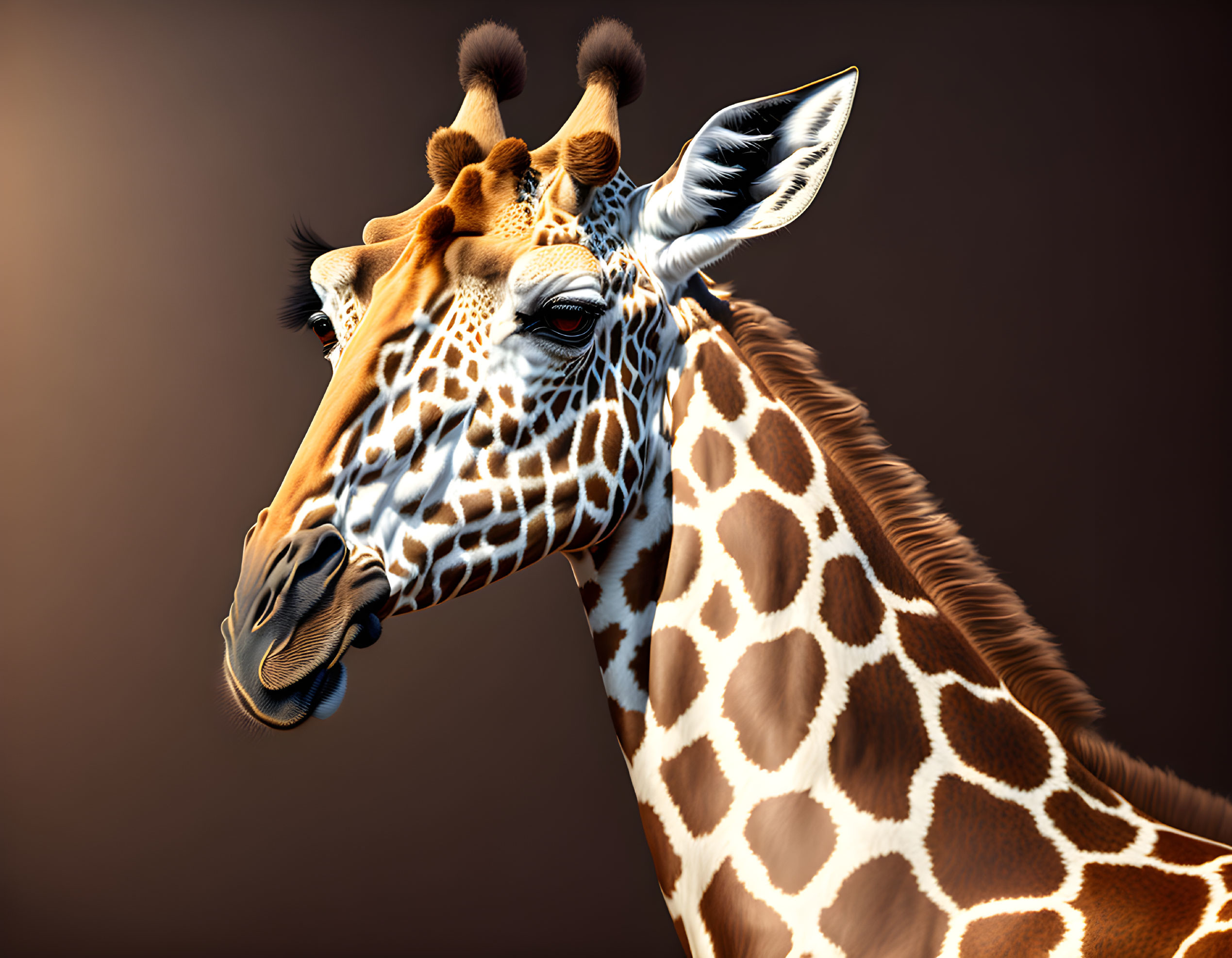 Detailed View of Spotted Giraffe's Long Neck on Brown Background