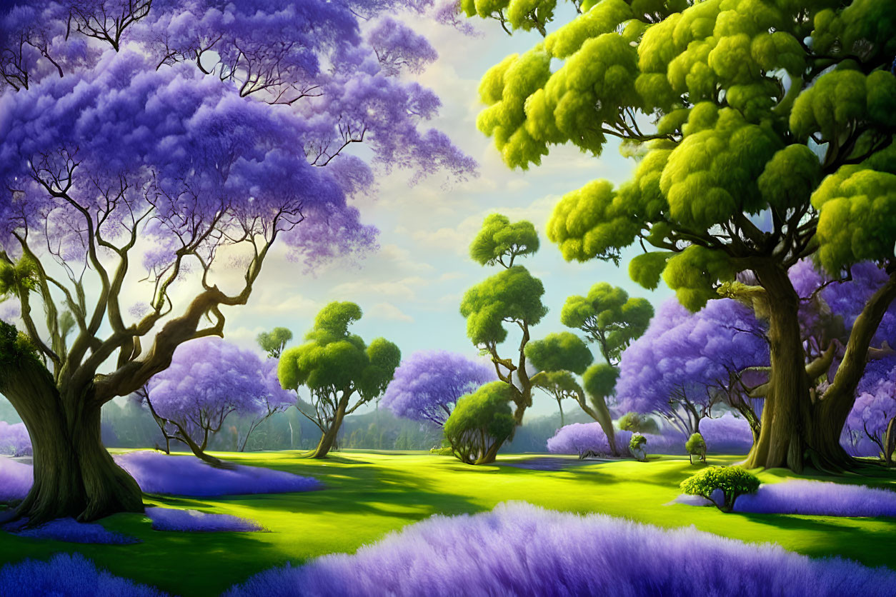 Fantasy landscape with purple and green foliage under soft-lit sky