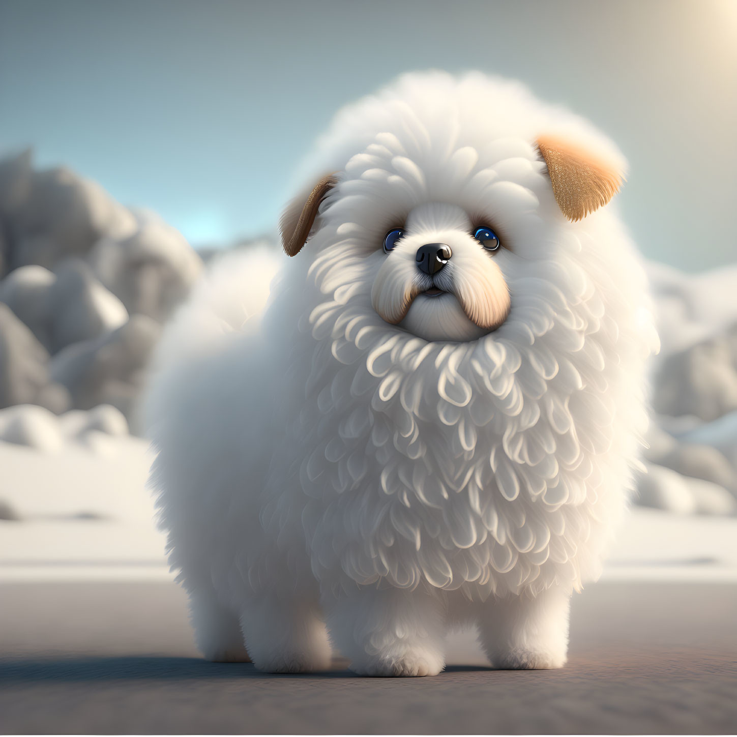 Fluffy White Animated Dog in Snowy Landscape