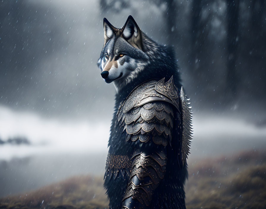 Majestic armored wolf in snowy fantasy landscape