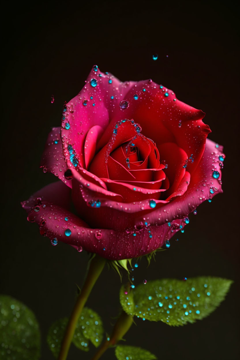 Vibrant red rose with dewdrops and blue water beads on petals against dark background