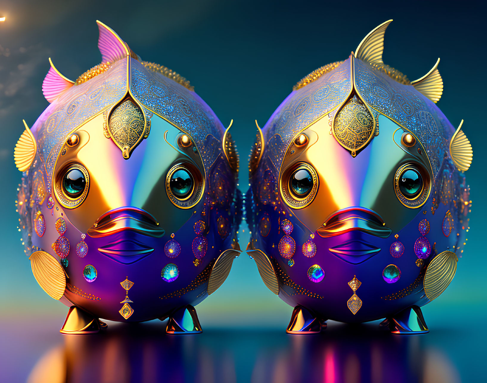 Ornate Anthropomorphic Fish with Intricate Patterns and Jewels on Twilight Background