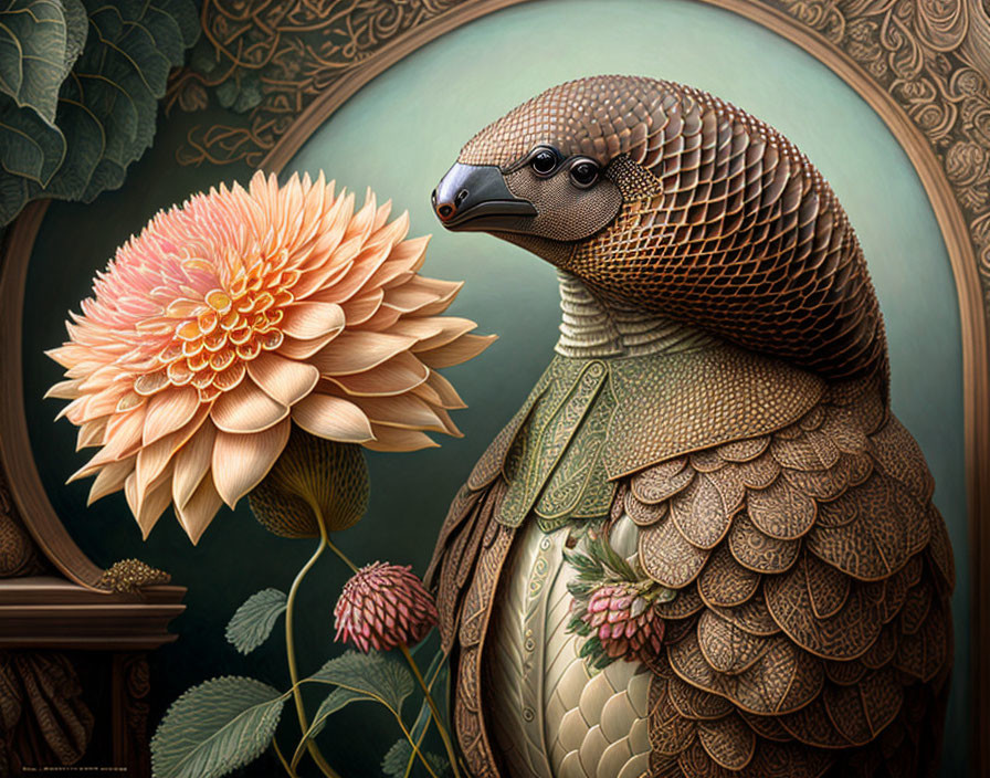 Anthropomorphic pangolin in ornate armor with peach flower on green background