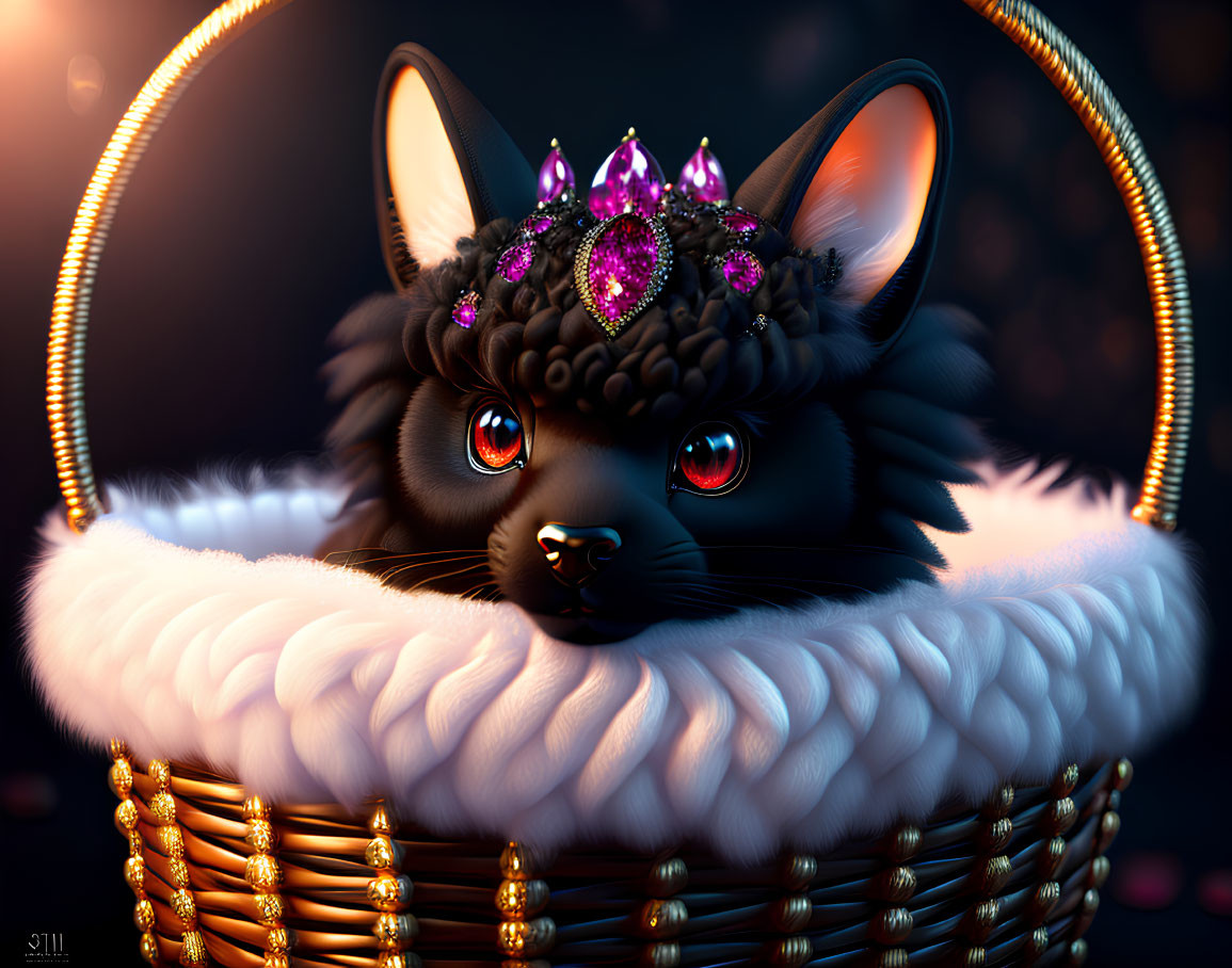 Digital Artwork: Black Cat with Orange Eyes and Jeweled Crown in Cozy Basket