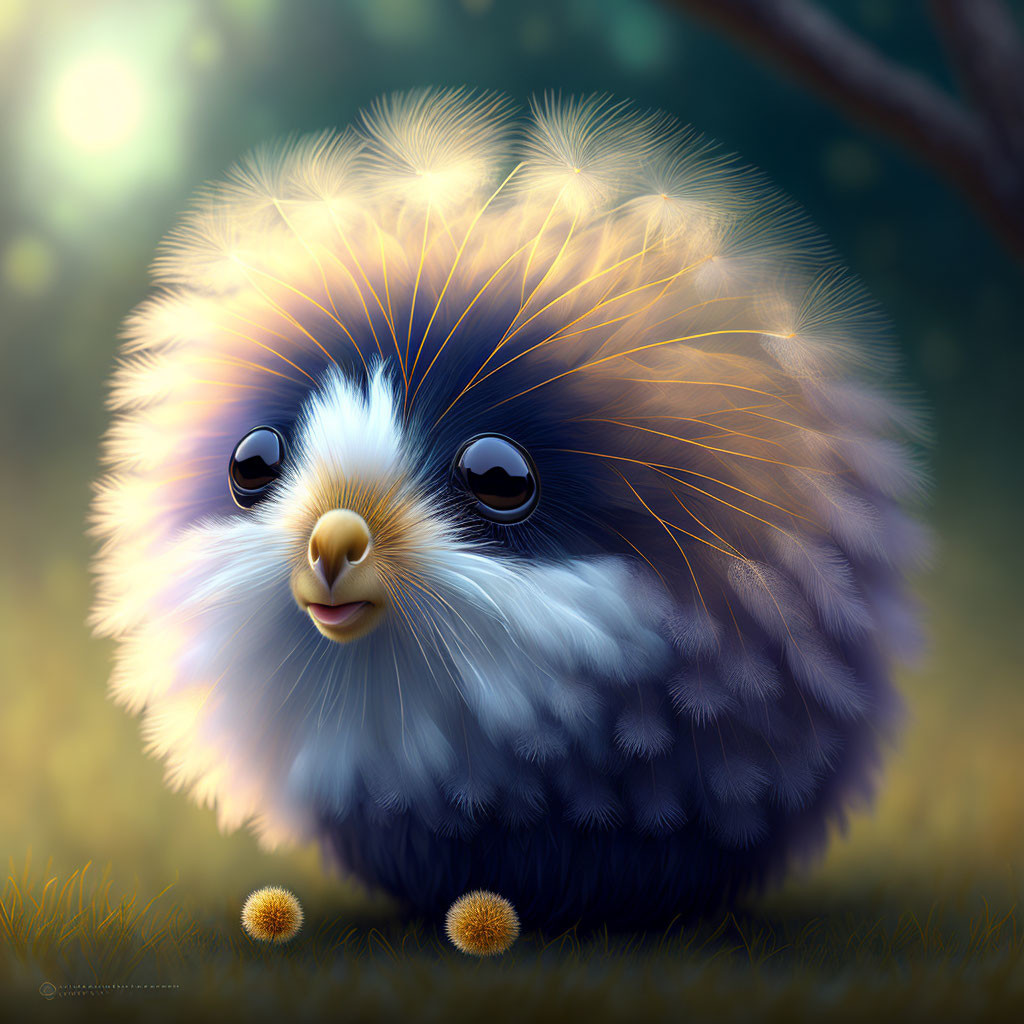 Round fluffy creature with sparkling eyes and gradient fur coat in blue, white, and brown