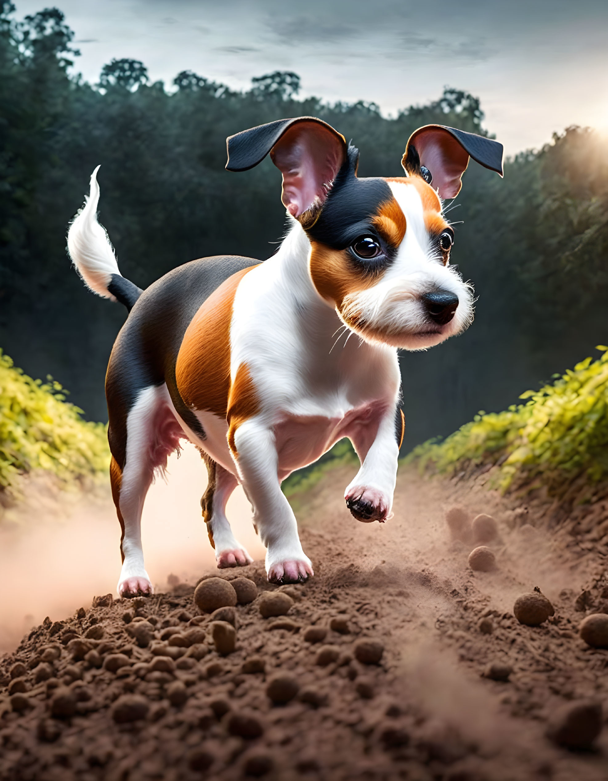 Tricolor Jack Russell Terrier running on dirt trail with ears flapping