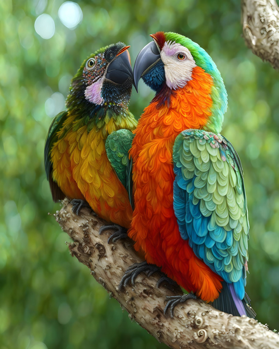 Colorful Parrots Perched on Branch in Lush Green Setting