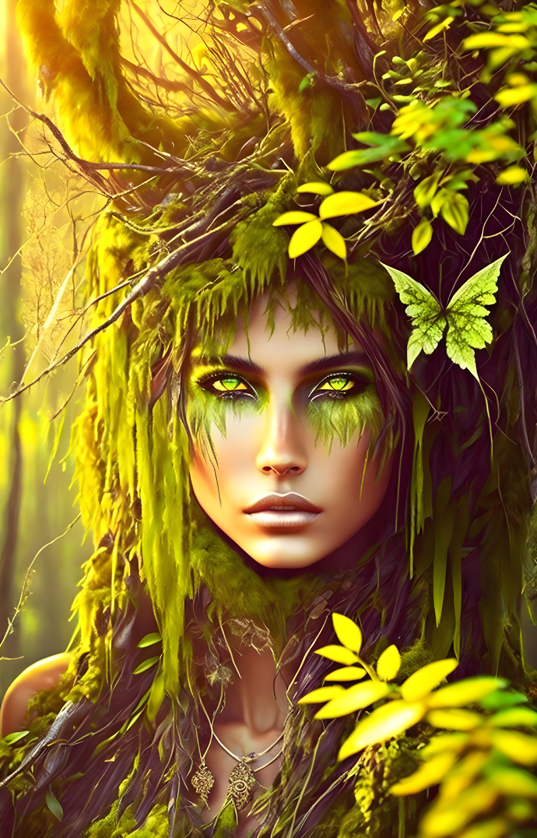 Portrait of woman with green eyes adorned with leaves, vines, and moss