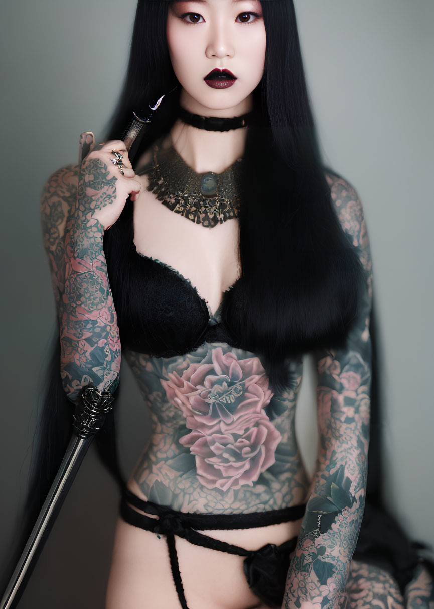 Intricately tattooed person in dark choker and lace attire holding makeup brush