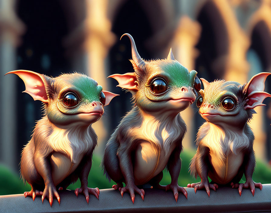 Three cute animated creatures with large eyes and ears in a row against a blurred architectural background