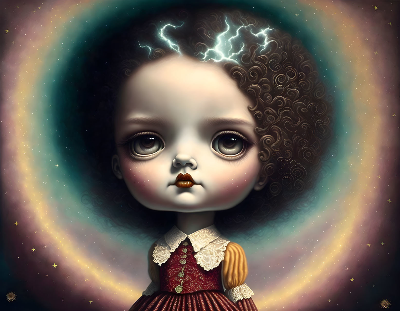 Surreal portrait of doll-like girl with large eyes and curly hair against cosmic backdrop