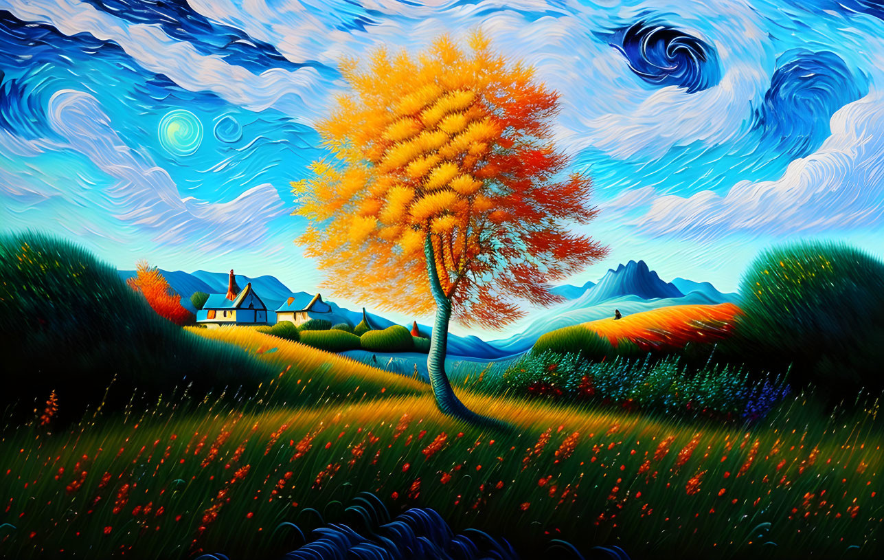 Colorful Whimsical Landscape with Golden Tree and Rolling Hills