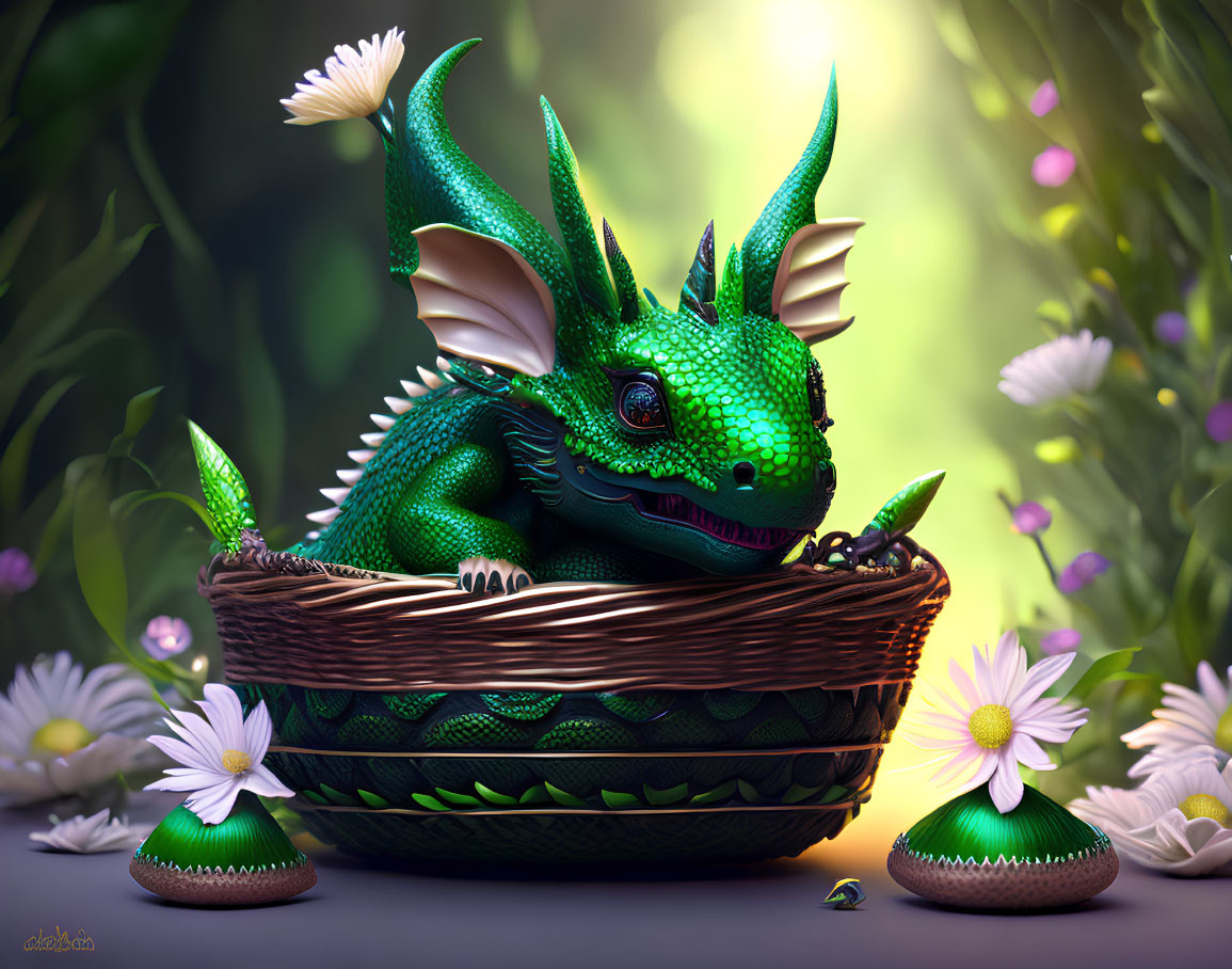 Green Dragon in Basket Surrounded by Flowers and Soft Lighting