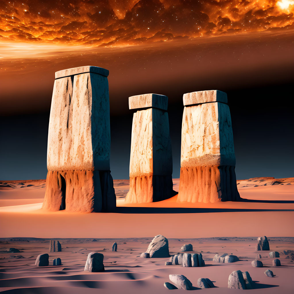 Surreal desert landscape with stone pillars under orange sky