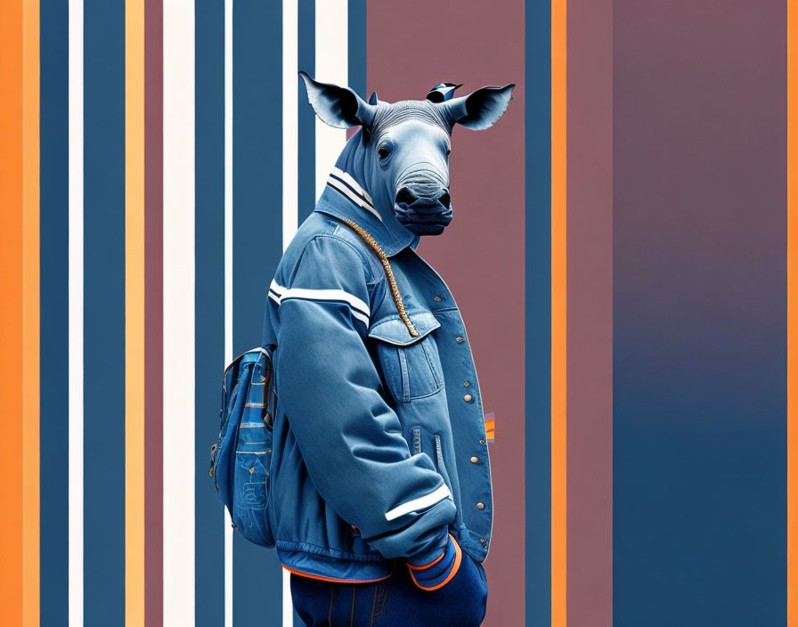 Person in Horse Head Mask with Varsity Jacket and Backpack on Colorful Striped Background