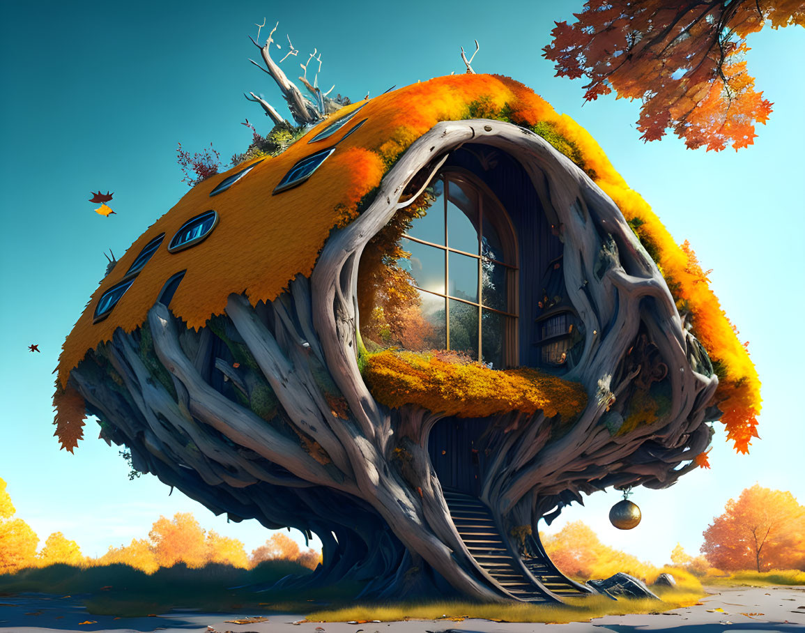 Quaint treehouse with circular window in autumn setting