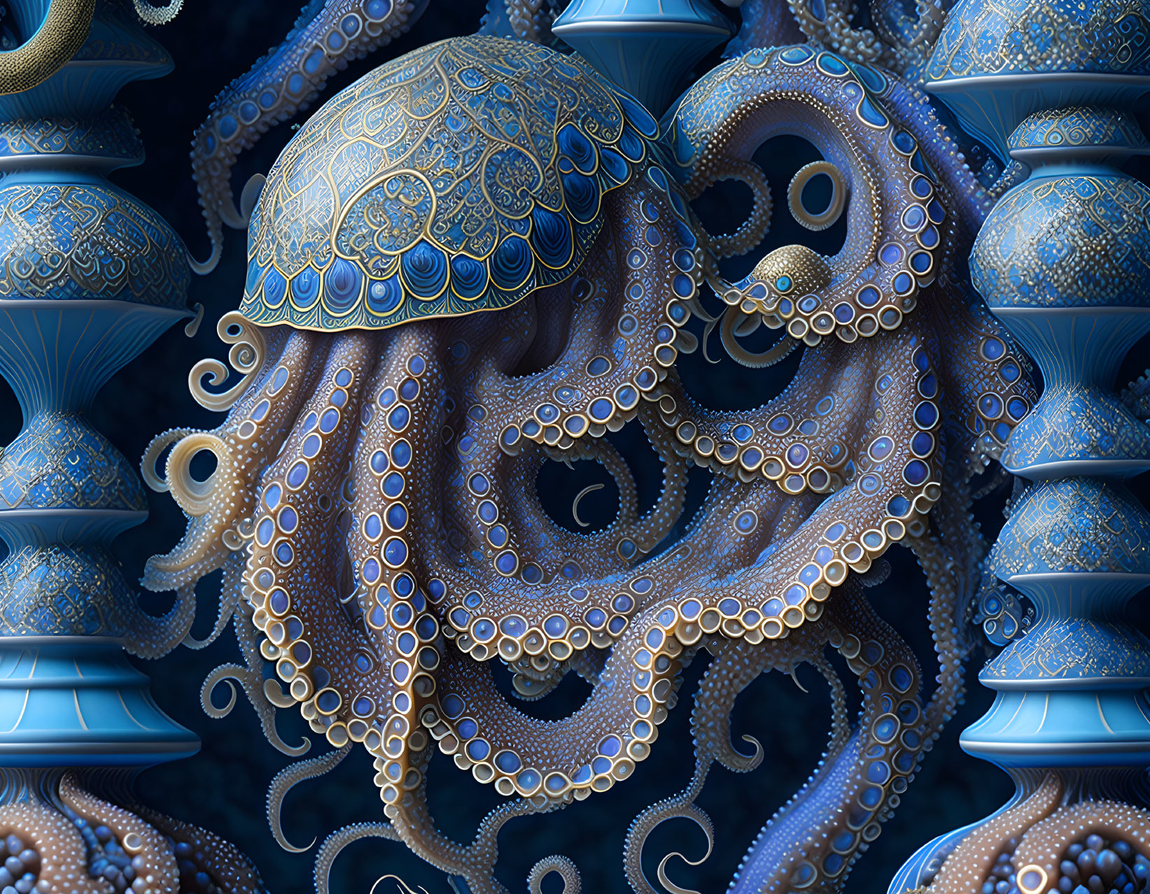 Intricate Blue Octopus Fractal Artwork