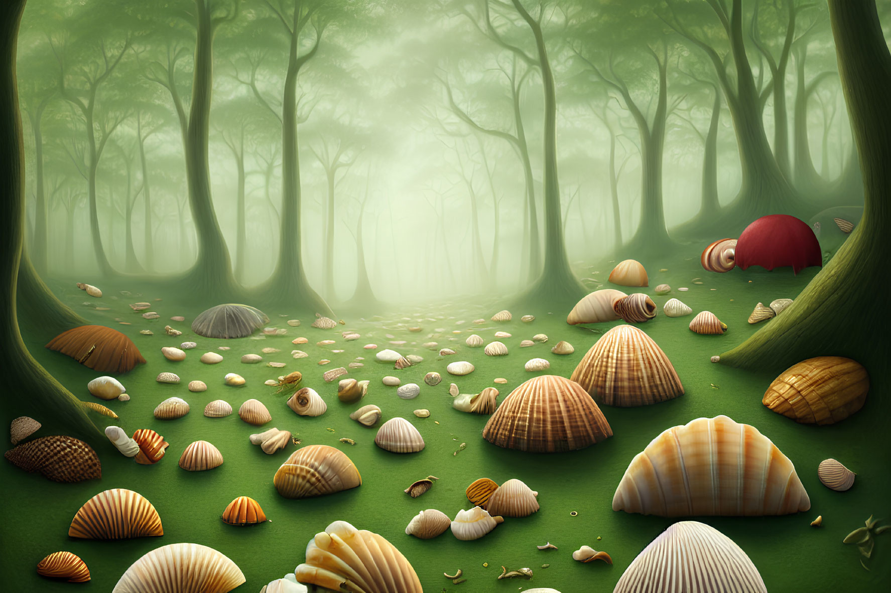 Mystical forest with oversized seashells and green fog