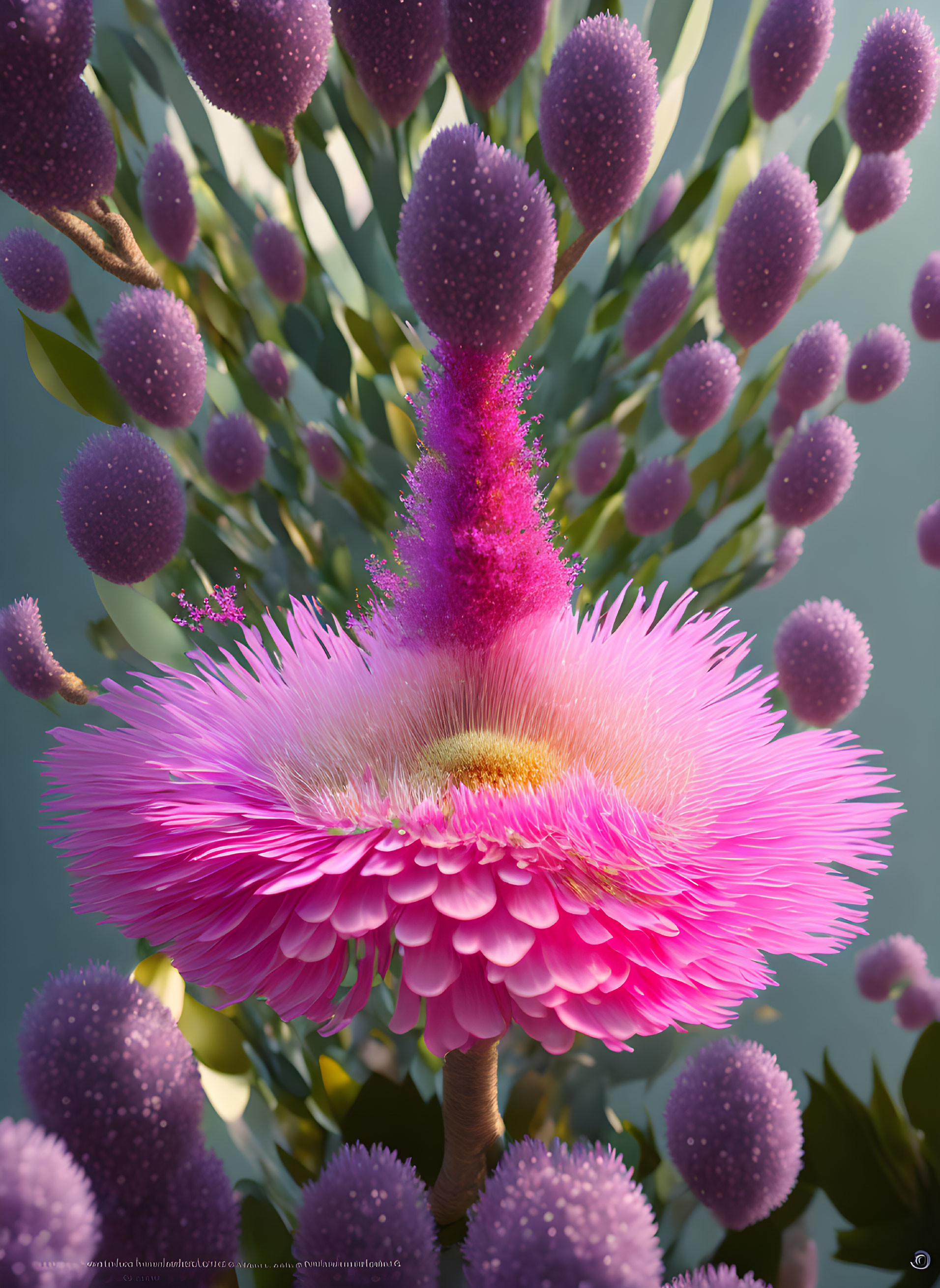 Colorful digital artwork: pink flower cone with purple flora