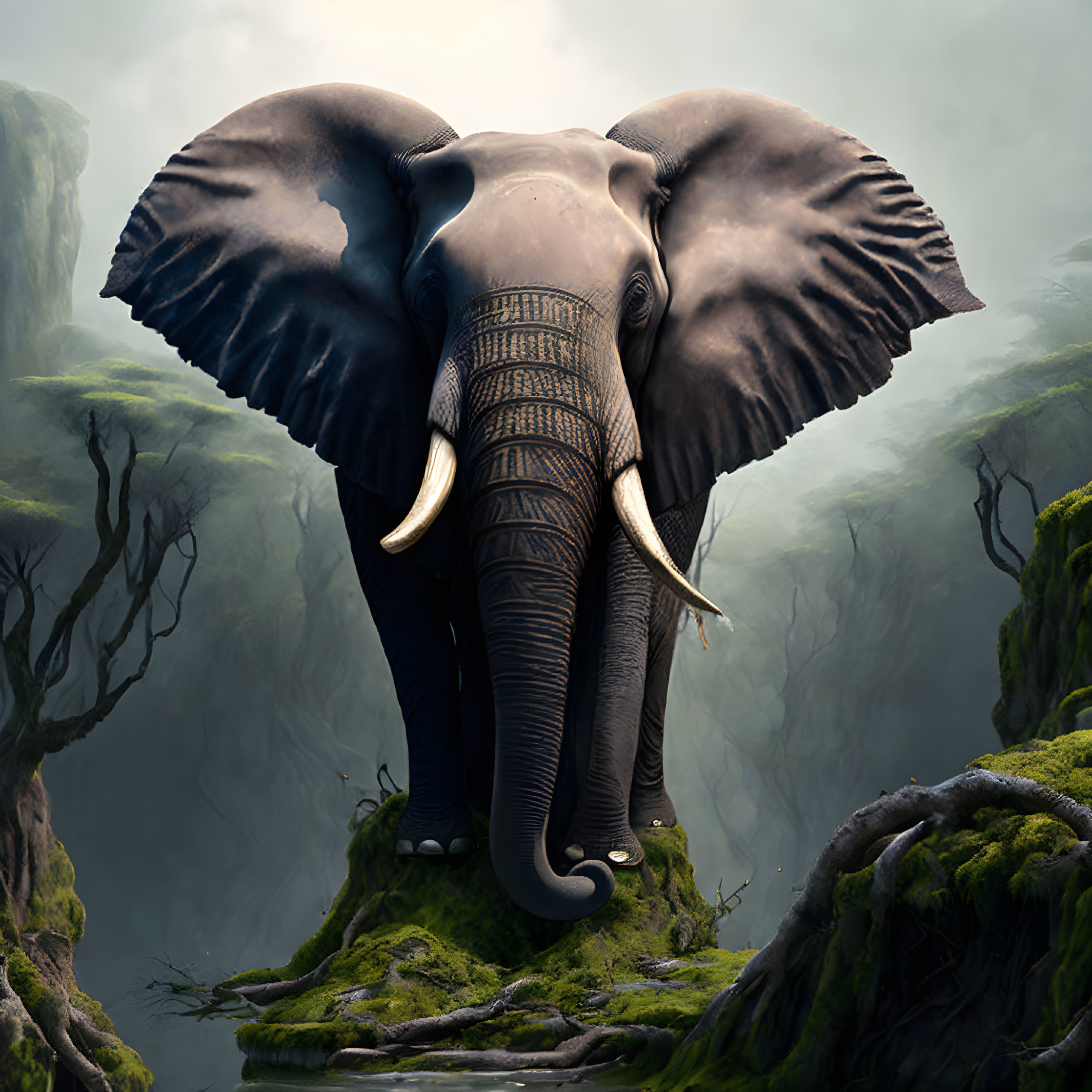 Majestic elephant on misty precipice in lush greenery