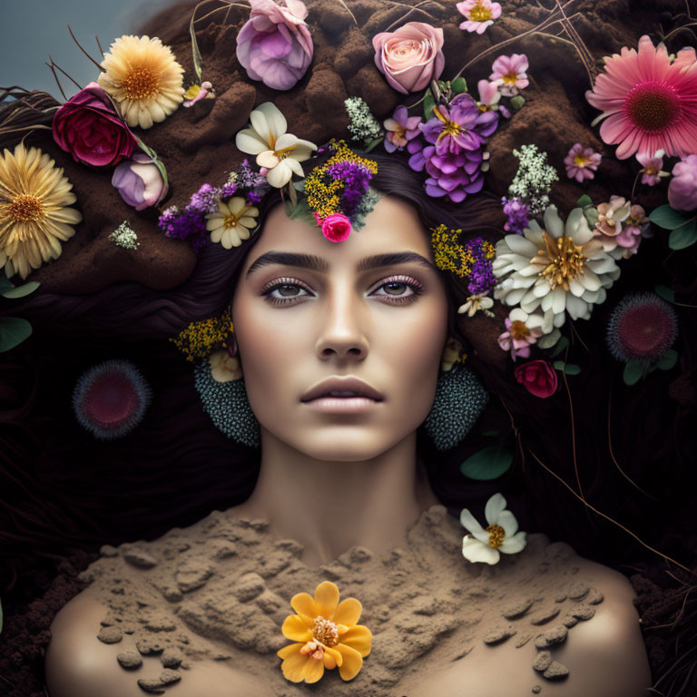 Woman's Face Surrounded by Colorful Flowers and Earth Tones