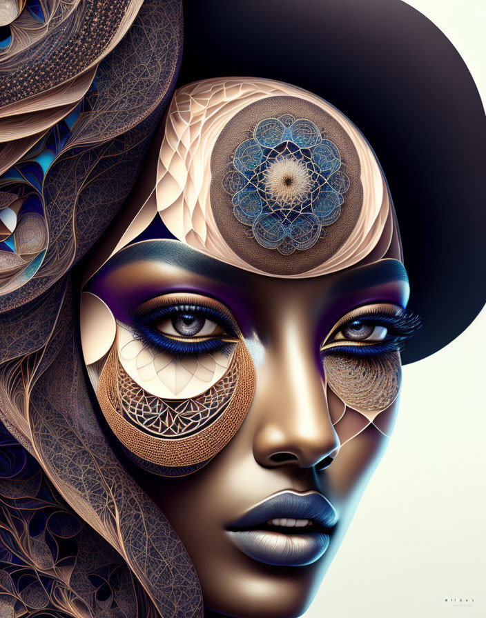 Stylized digital artwork of female face with intricate lace details on dark background