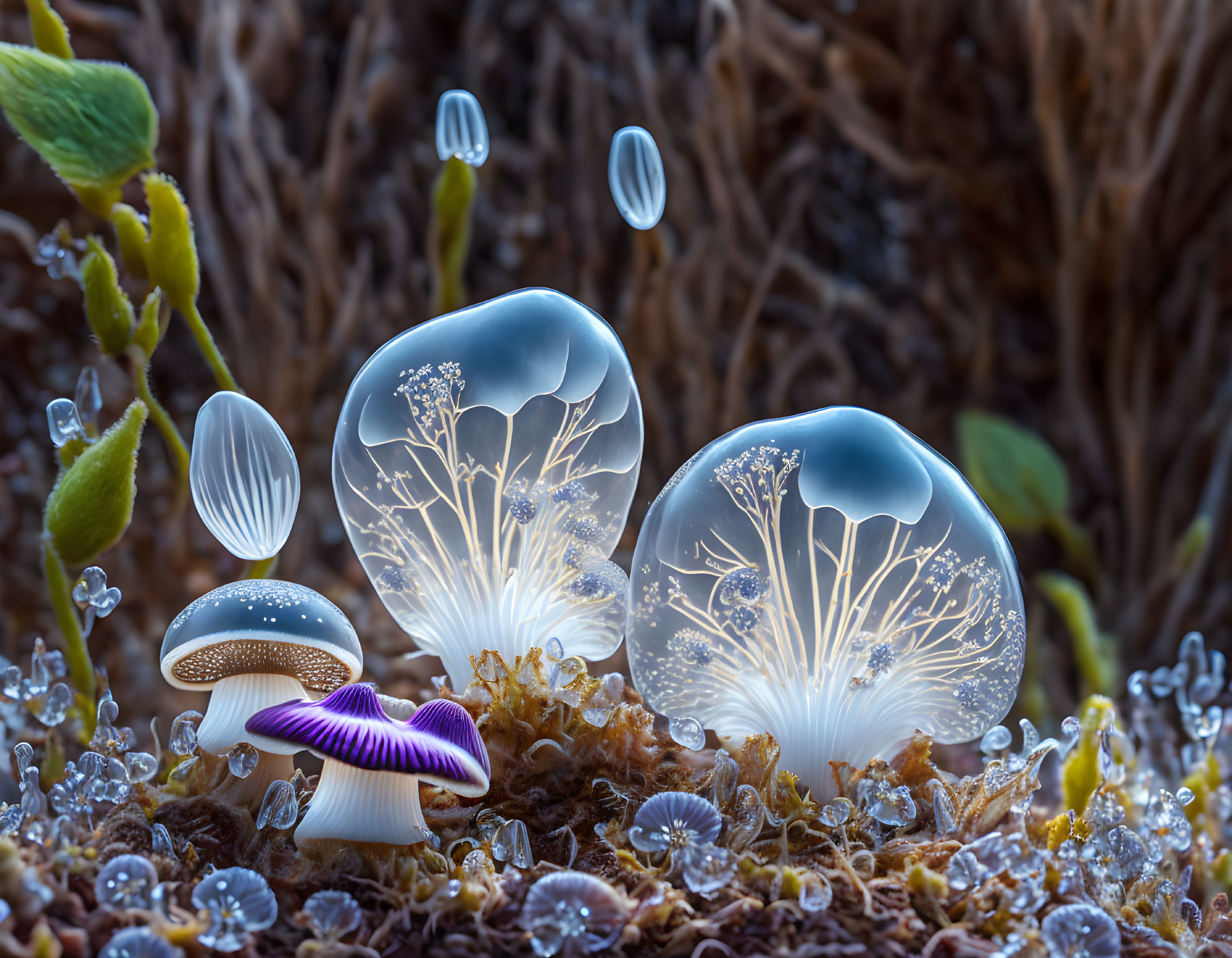 Glowing mushrooms and water droplets on mossy surface