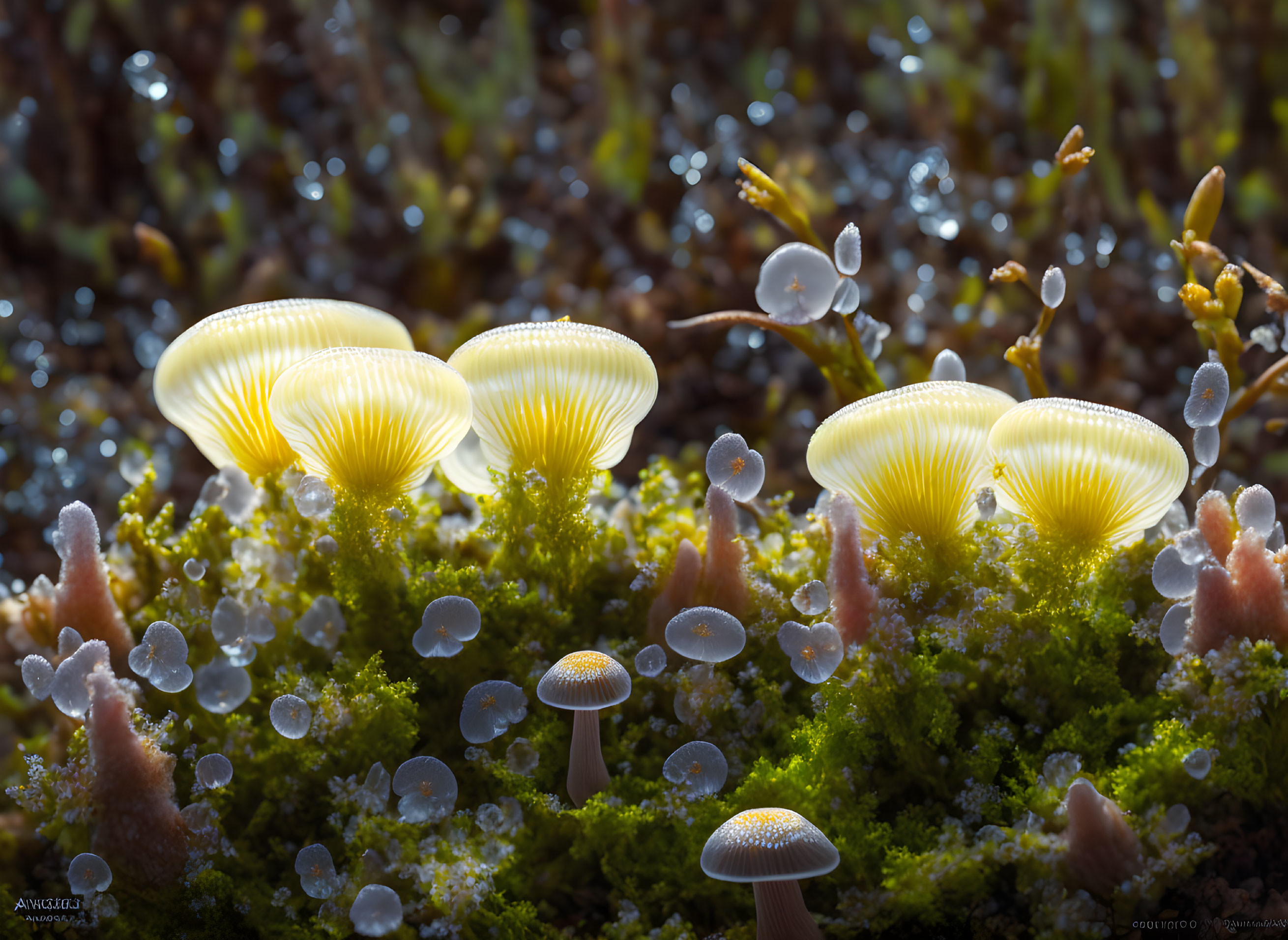 Bioluminescent mushrooms and moss in mystical forest scene