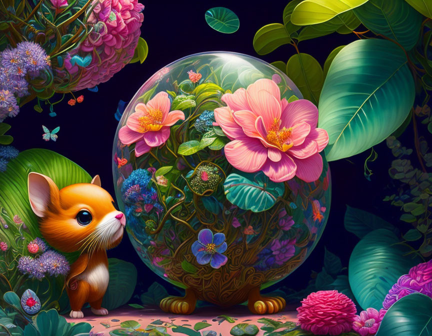 Adorable orange fox with large eyes and globe of vibrant flowers