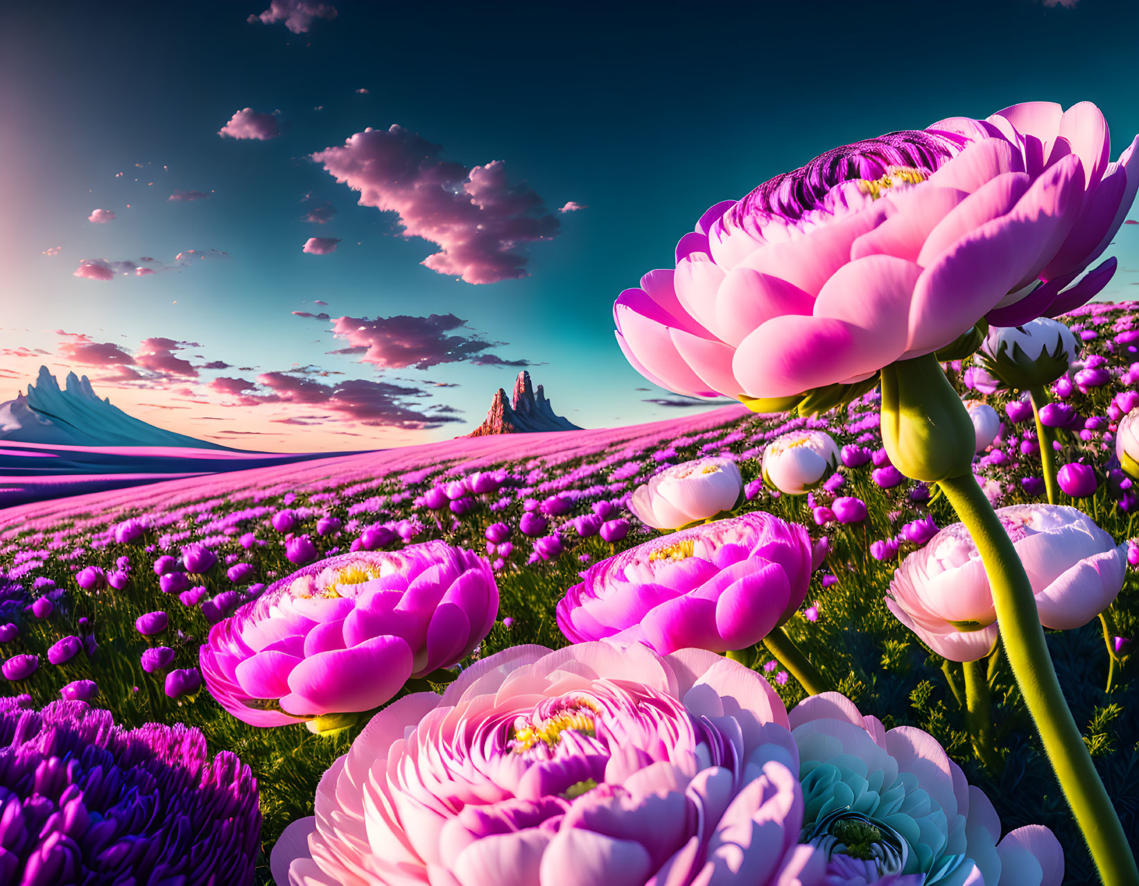 Pink flowers in vast field with snowy peaks under sunset sky