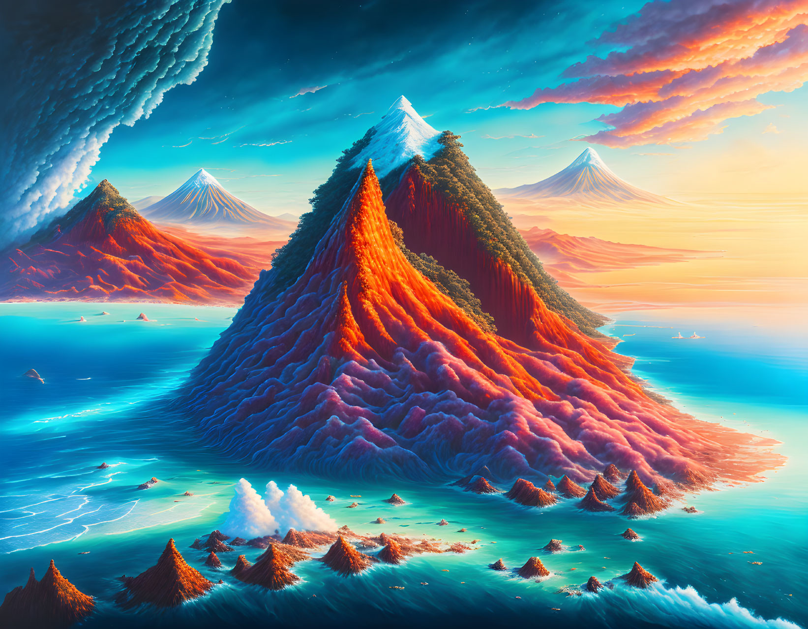 Surreal red-ridged mountains in vibrant landscape