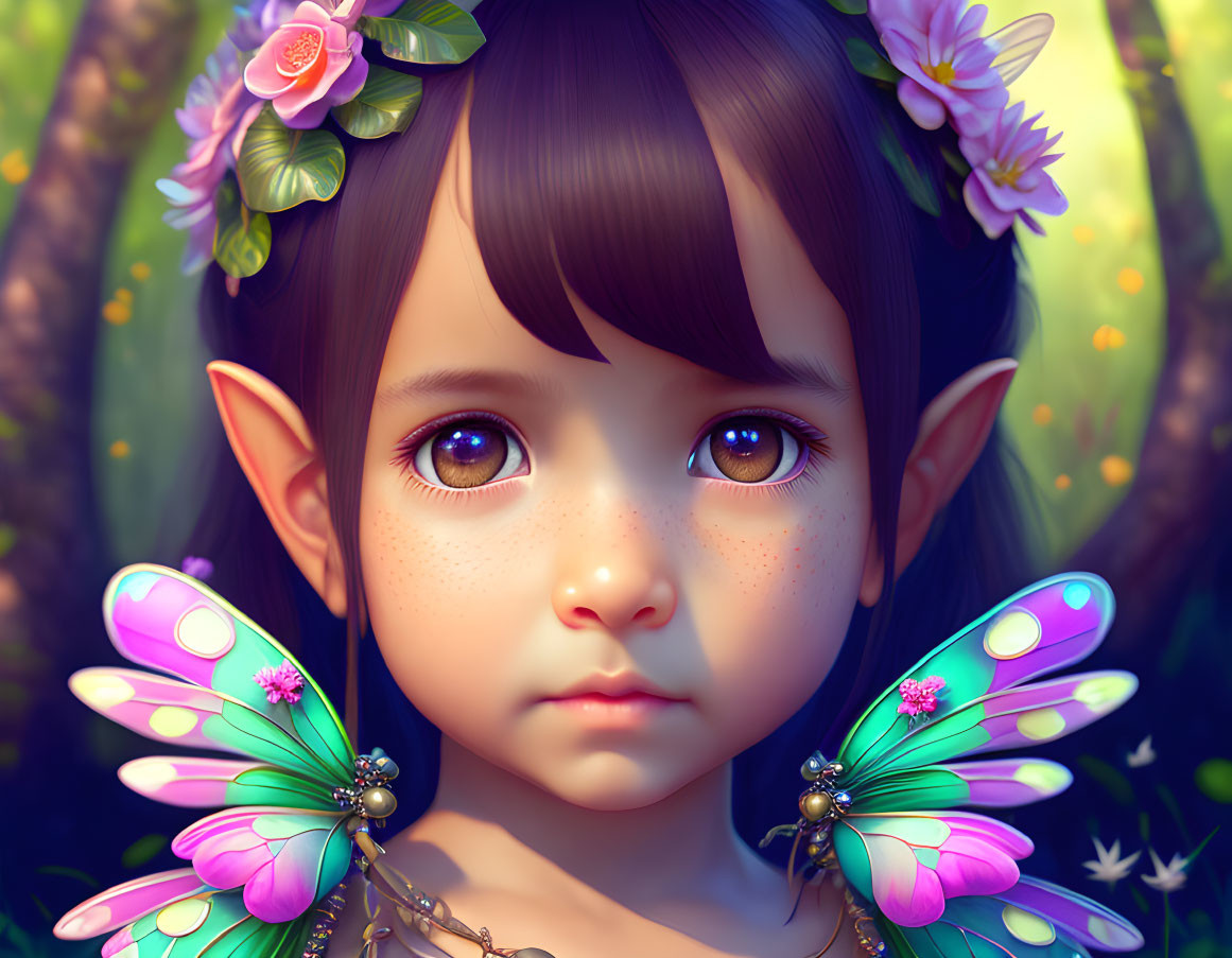 Child with pointy ears, flower crown, butterfly wings in twilight setting