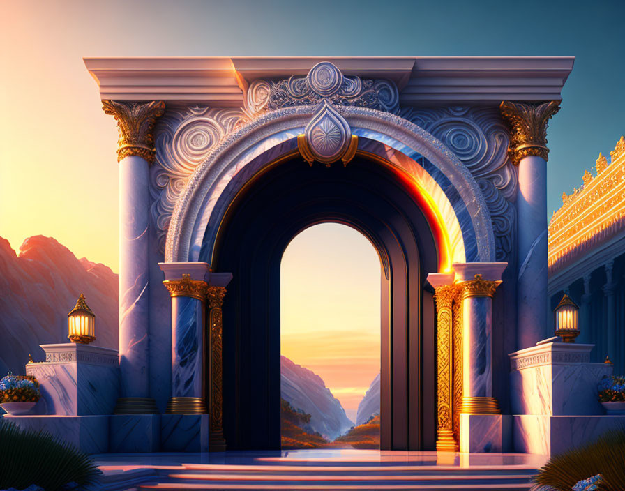 Intricate fantasy archway in golden light with distant mountains