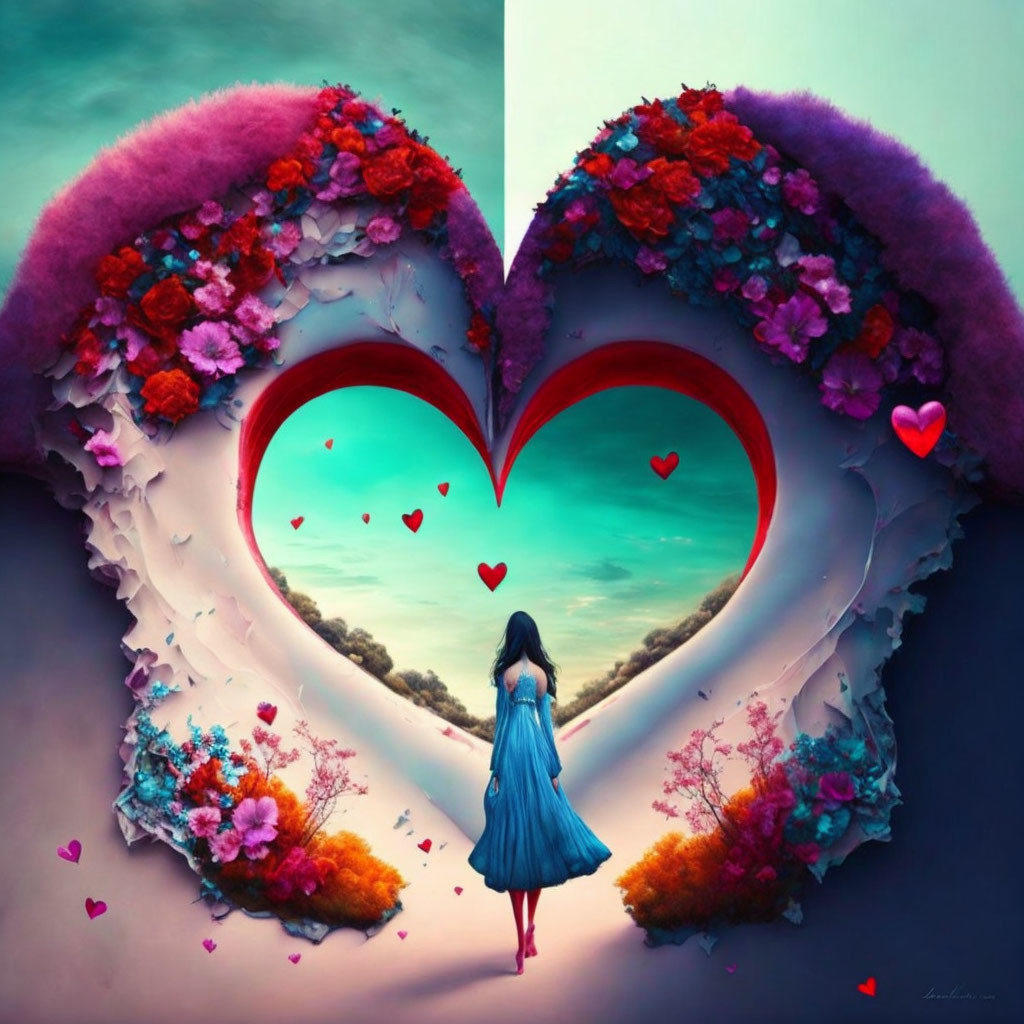 Woman in Blue Dress Standing Before Heart-Shaped Opening with Flowers