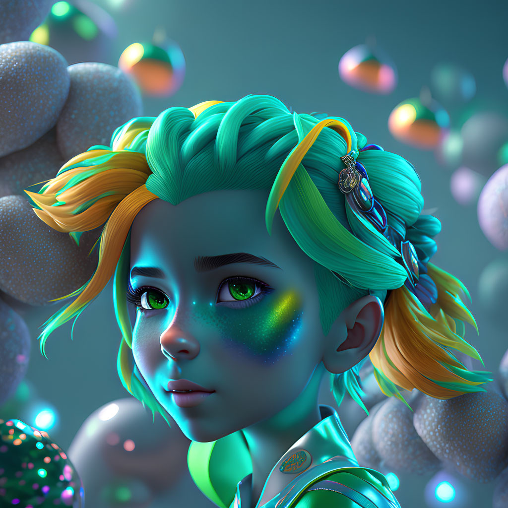 Vibrant digital illustration of a girl with green hair and colorful orbs