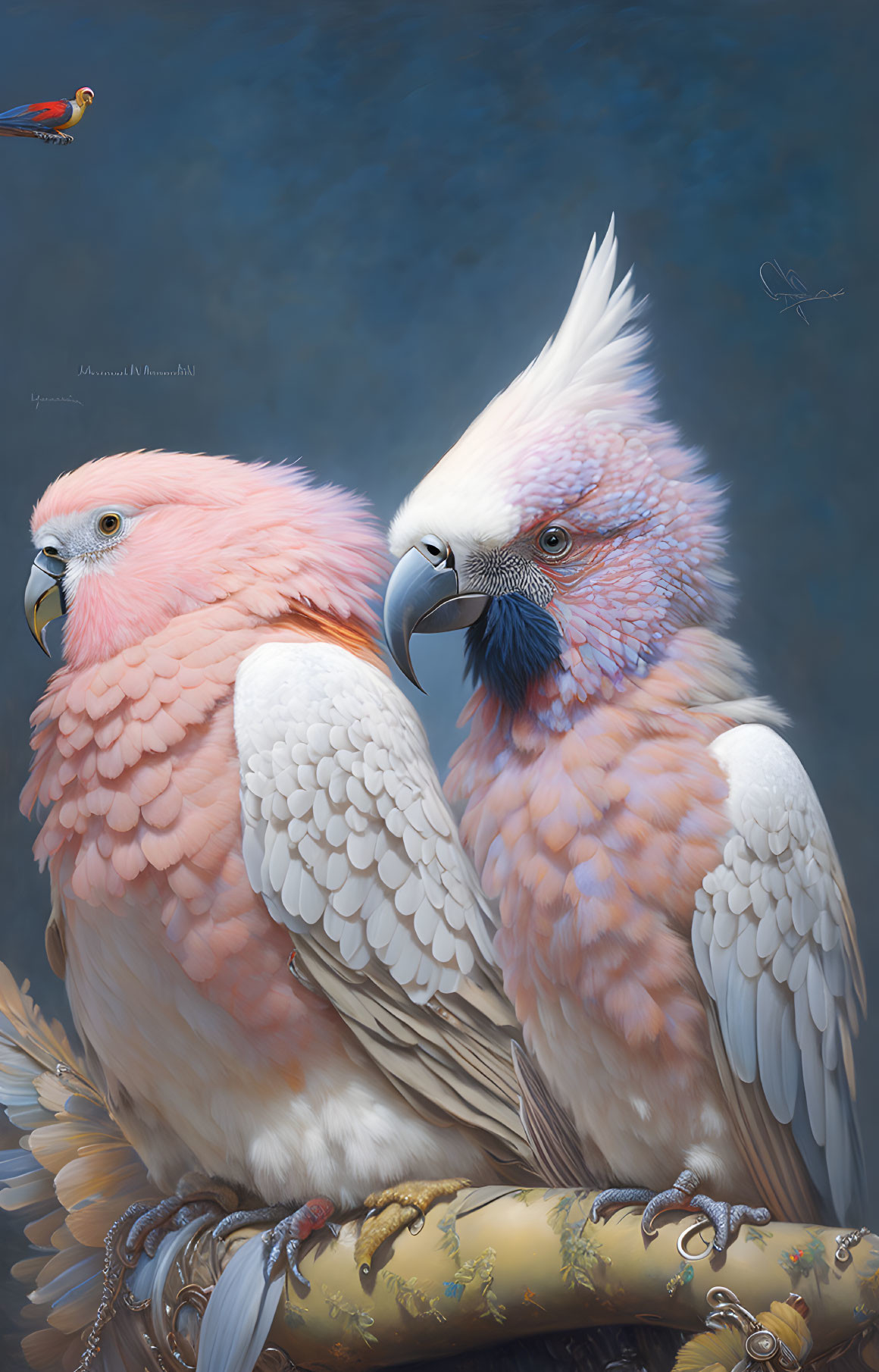 Colorful Parrots Perched Closely with Small Bird Flying above