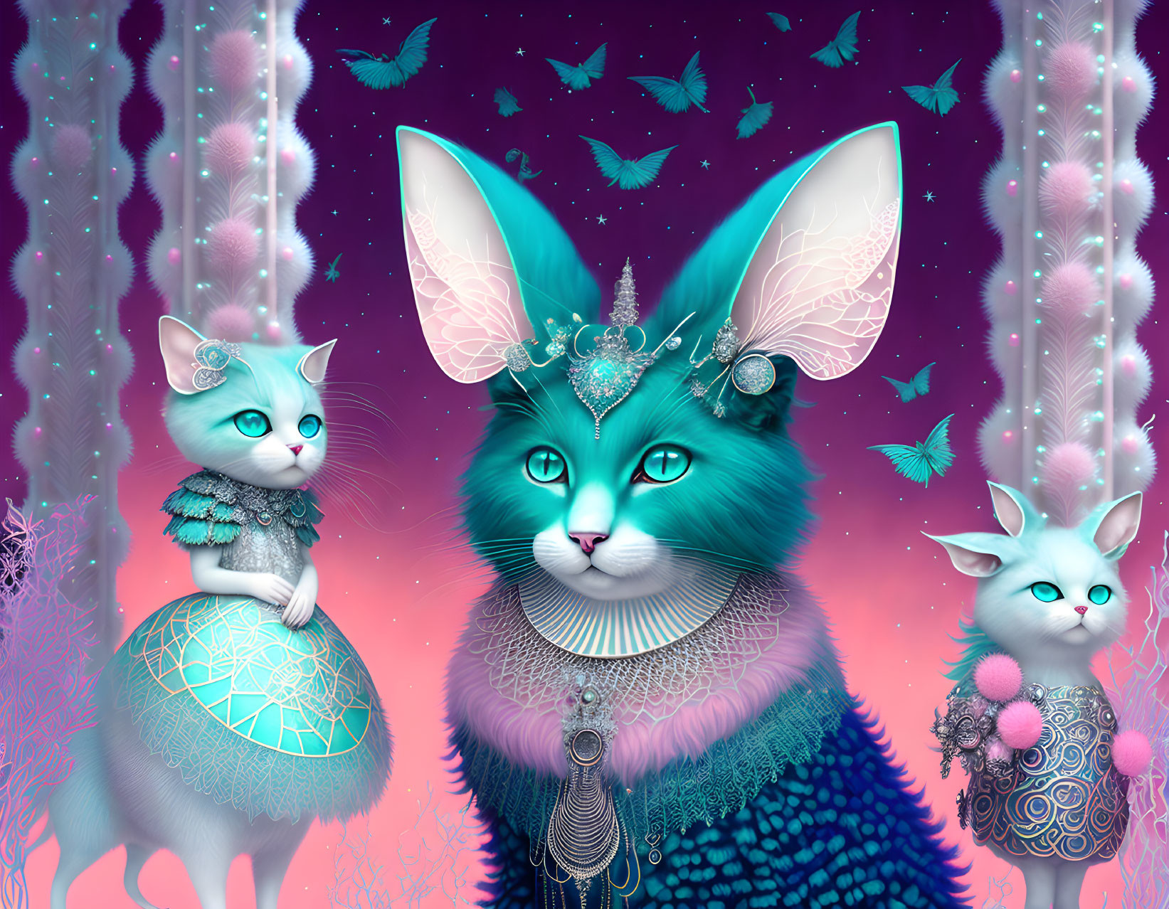 Colorful illustration of large blue cat with ornate headdress and teal cats on pink and purple fantasy