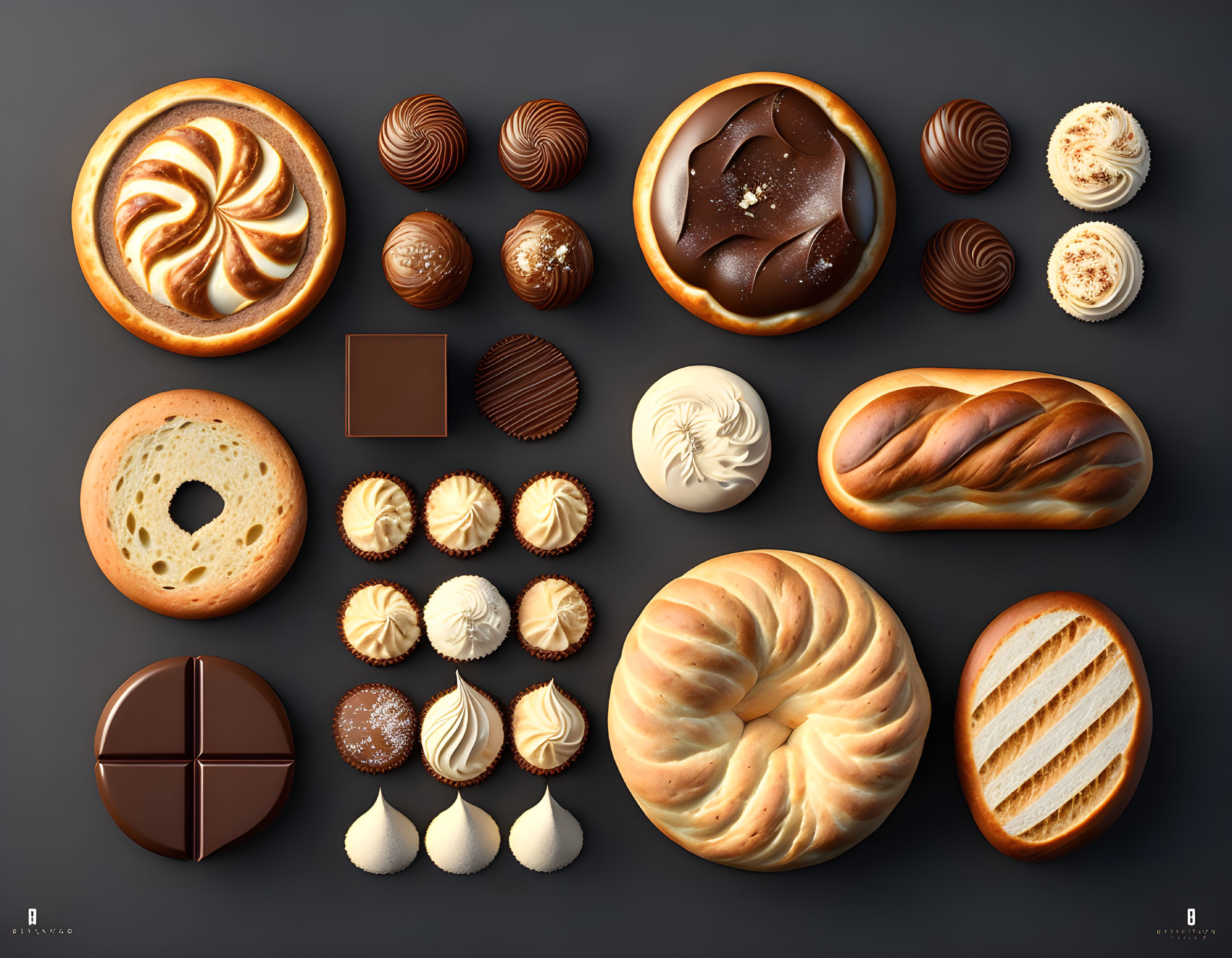 Assorted baked goods and chocolates on dark surface